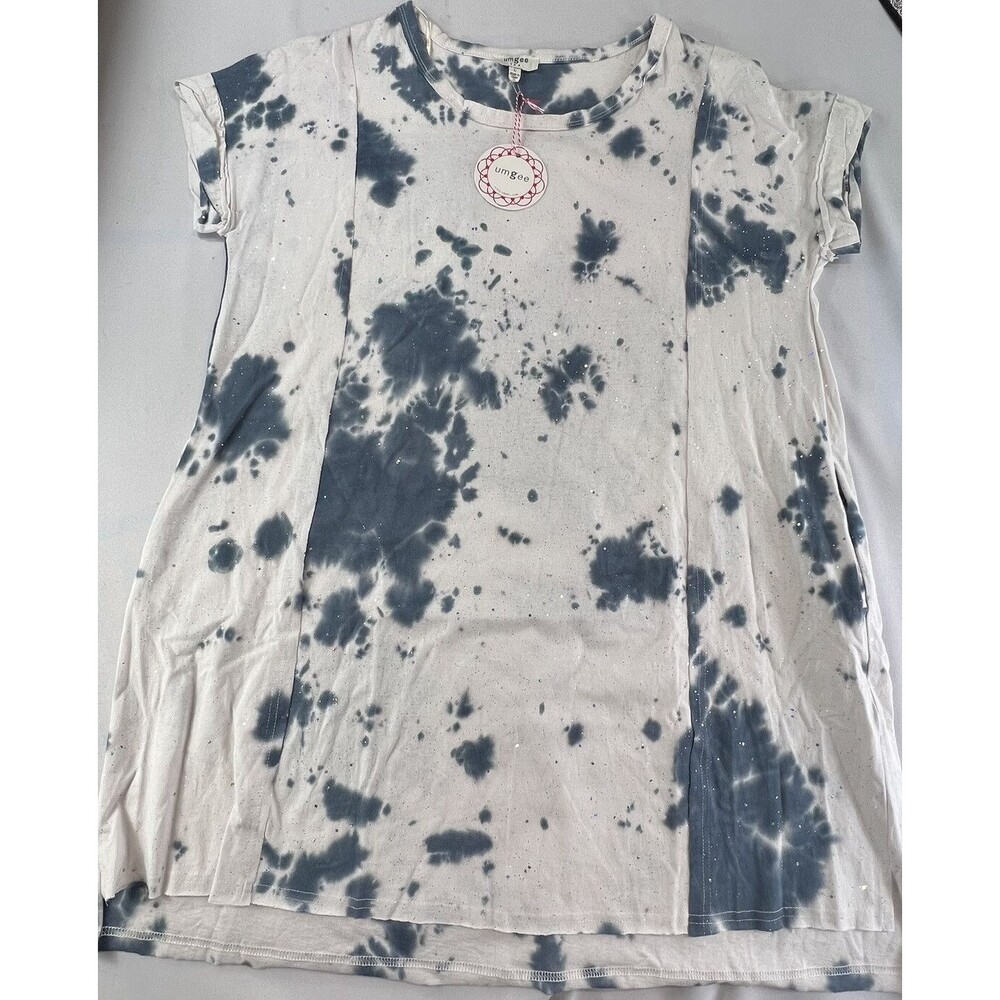 Umgee Womens Large Gray White Tie-Dye & Sparkles Cap Sleeve Round Neck Tunic Top